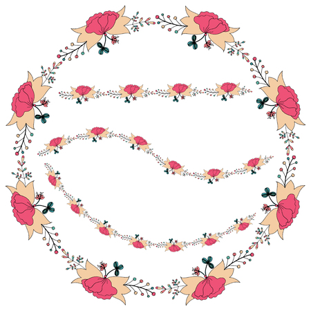 Vector illustration of a floral frame in the shape of a circle made of floral elements, leaves, buds, flowersのイラスト素材