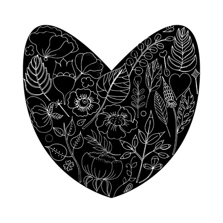 Vector illustration of a floral frame in the shape of a heart from floral elements, leaves, buds, flowersのイラスト素材