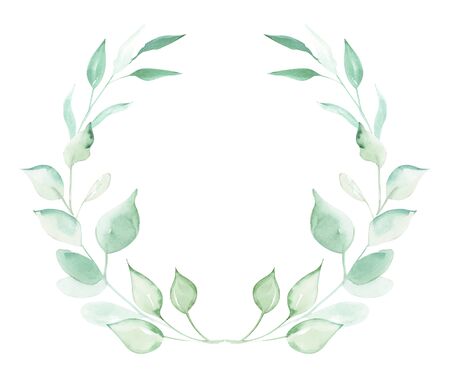 Illustration of watercolor drawing decorative elements of green plants and leaves in the form of frames on an isolated white background.の写真素材