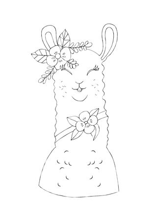 Illustration of a black ink drawing of an animal alpaca among flowers and plants on an isolated white background.の写真素材
