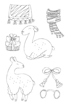 Illustration of a black ink drawing of an animal alpaca among flowers and plants on an isolated white background.の写真素材