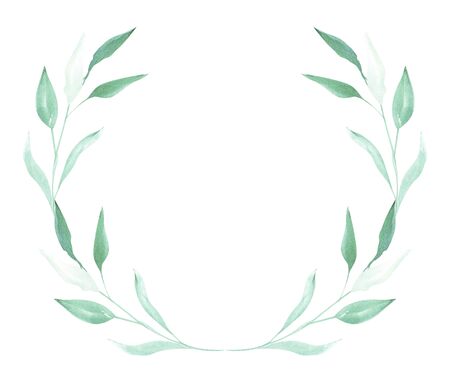 Illustration of watercolor drawing decorative elements of green plants and leaves in the form of frames on an isolated white background.の写真素材