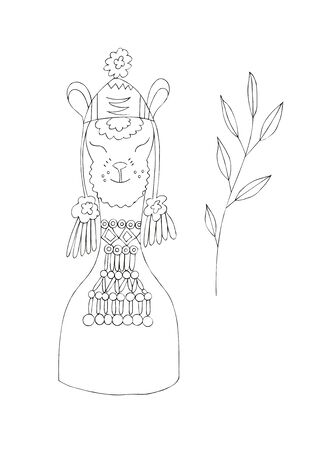 Illustration of a black ink drawing of an animal alpaca among flowers and plants on an isolated white background.の写真素材