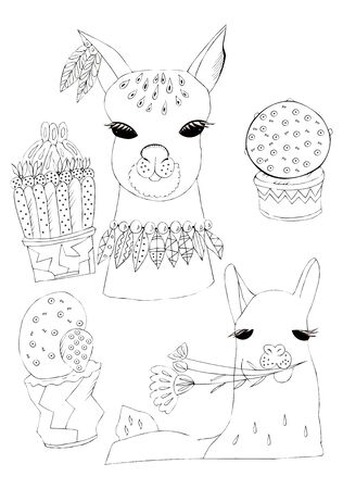 Illustration of a black ink drawing of an animal alpaca among flowers and plants on an isolated white background.の写真素材