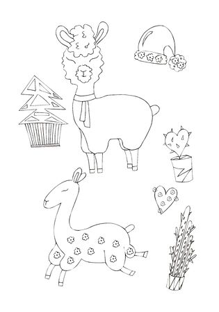 Illustration of a black ink drawing of an animal alpaca among flowers and plants on an isolated white background.の写真素材