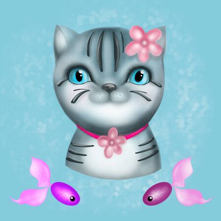 Digital illustration of a bengal cat head with stripes and shadows on a blue textural background.の写真素材