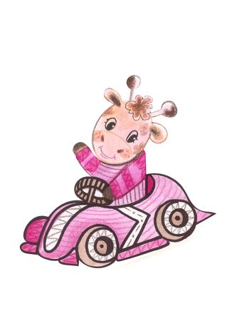 Illustration of a color watercolor animal character giraffe travels in a vehicle racing sports car on a white isolated background.の写真素材