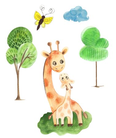 Illustration of color watercolor animal character giraffe mom and son together among palm trees on a white isolated background.の写真素材