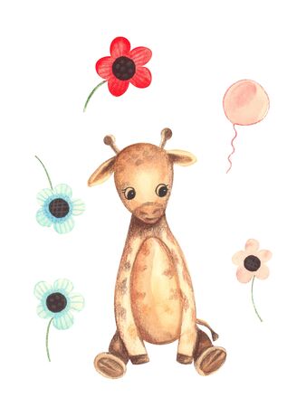 Illustration of color watercolor animal character giraffe sitting among flowers on a white isolated background.の写真素材