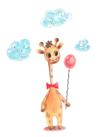Illustration of a colorful watercolor animal character giraffe standing and holding a balloon on a white isolated background.の写真素材