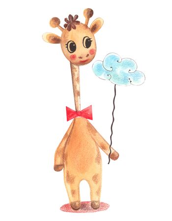 Illustration of a colorful watercolor animal character giraffe standing and holding a cloud on a string on a white isolated background.の写真素材