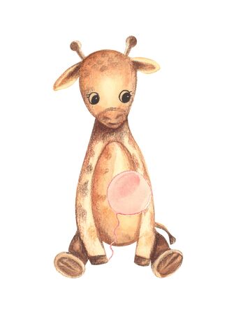 Illustration of a color watercolor animal character giraffe sitting on a white isolated background.の写真素材