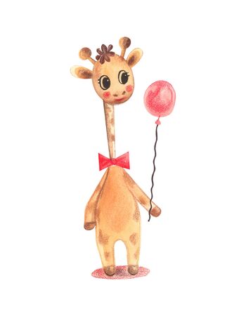 Illustration of a colorful watercolor animal character giraffe standing and holding a balloon on a white isolated background.の写真素材