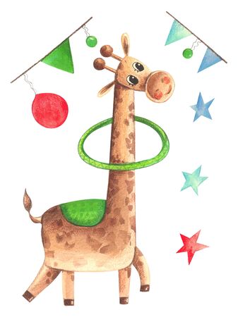 Illustration of a colorful watercolor animal character giraffe juggles with objects on a white isolated background.の写真素材
