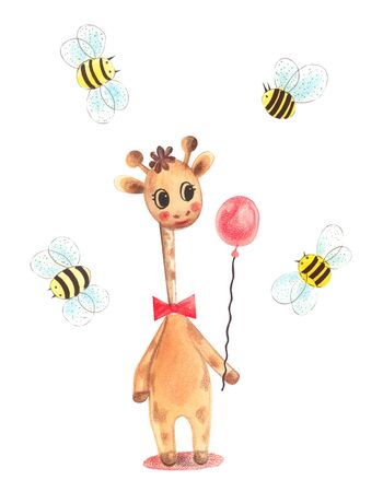 Illustration of a colorful watercolor animal character giraffe standing and holding a balloon on a white isolated background.の写真素材