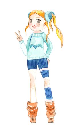 Illustration color drawing of watercolor manga girl in clothes on a white isolated background.の写真素材