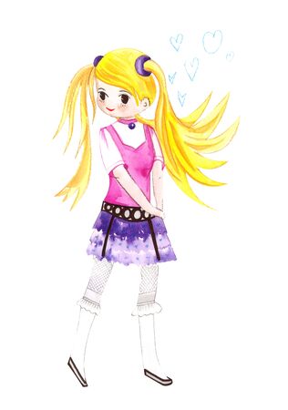 Illustration color drawing of watercolor manga girl in clothes on a white isolated background.の写真素材