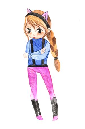 Illustration color drawing of watercolor manga girl in clothes on a white isolated background.の写真素材