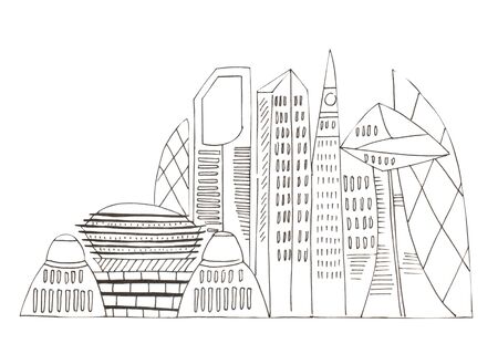 Illustration of sketch drawing black contour of skyline cities on a white isolated background.の写真素材