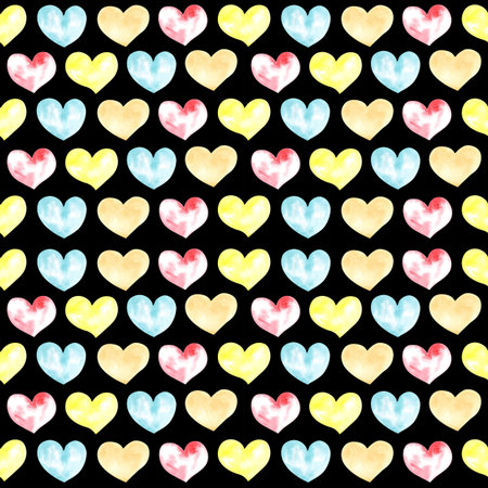 Illustration of a watercolor drawing seamless pattern of shapes of hearts on the background....
