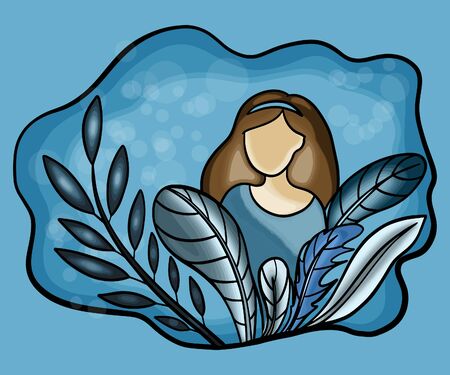Vector color illustration portrait of a girl with her hair on a die with plants on the backgroundのイラスト素材