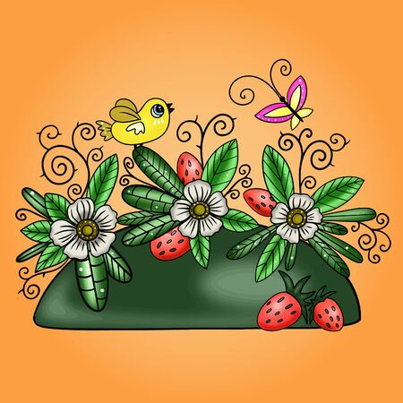 Vector illustration of a colored summer floral arrangement of leaves, plants, flowers and butterflies on a backgroundのイラスト素材