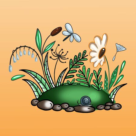 Vector illustration of a colored summer floral arrangement of leaves, plants, flowers and butterflies on a backgroundのイラスト素材