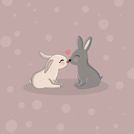 Color vector illustration of animal rabbits and hares for Valentine day, couples in love on the backgrounds.のイラスト素材