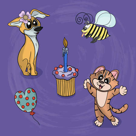 Vector illustration animal cat and dog celebrate and congratulate each other with cake and balloons on a textured backgroundの写真素材