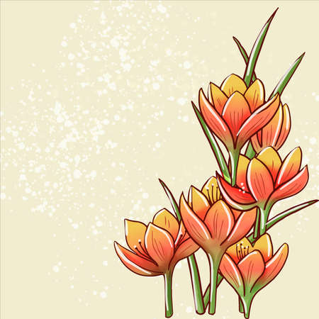 Vector illustration abstraction of orange flowers crocuses with leaves on a yellow background with brushstrokes of paintのイラスト素材