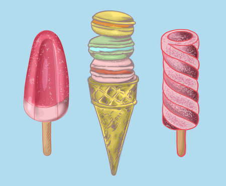 Vector illustration of three ice creams of different shapes and sizes on a light blue background.の写真素材