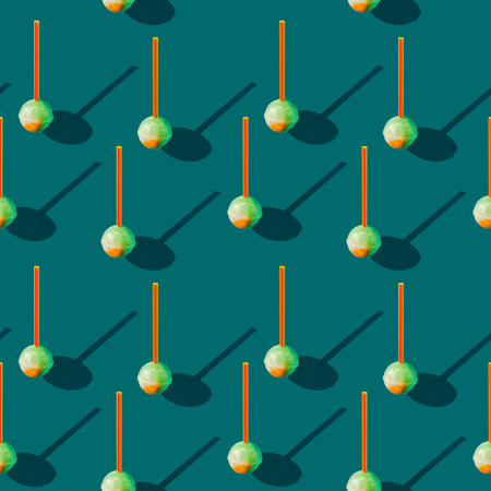 Photo seamless pattern of candy on a stick with shadows on a colored blue-green background. High...