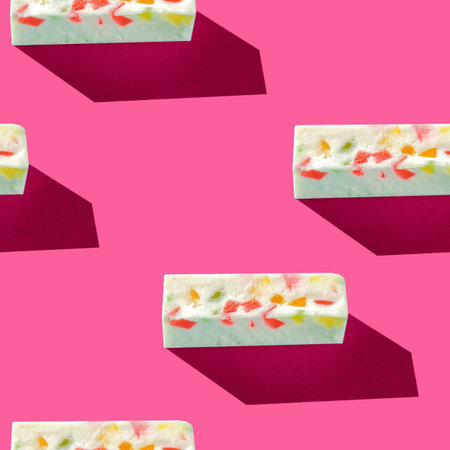 Photo seamless pattern gray marshmallow with colored splashes with shadows on a colored background....