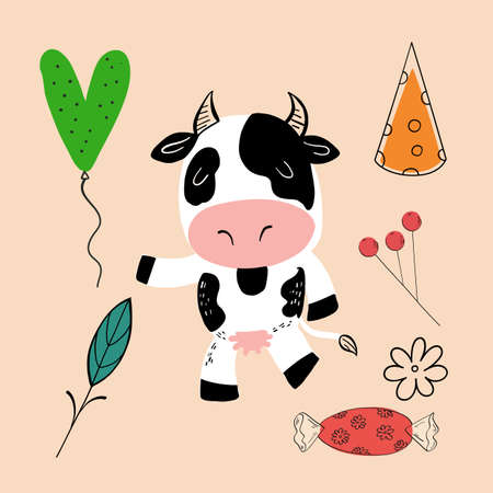 Vector illustration of an animal of different types among holiday items on an orange background. Vector illustrationのイラスト素材