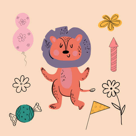 Vector illustration of an animal of different types among holiday items on an orange background. Vector illustrationのイラスト素材