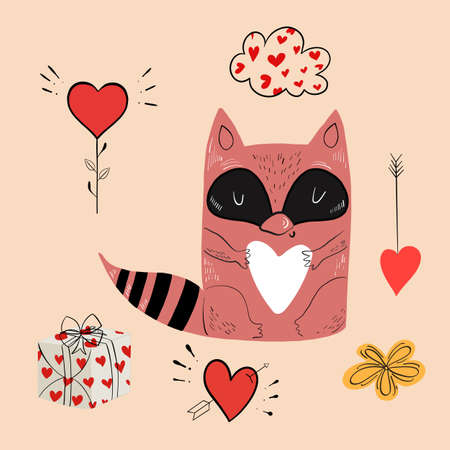 Vector illustration of an animal of different types among holiday items on an orange background. Vector illustrationのイラスト素材