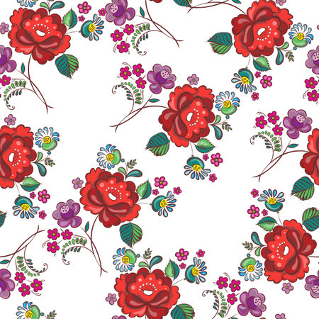 Vector illustration seamless pattern - garden flowers and plant leaves on white isolated background....