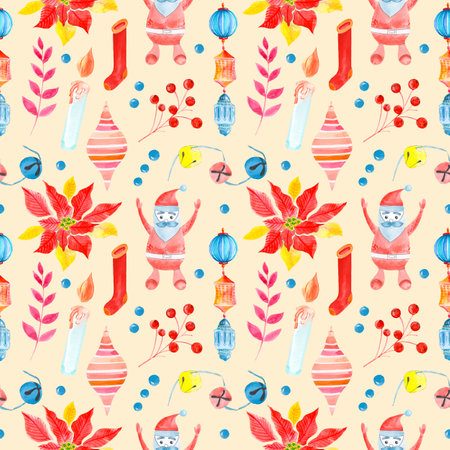 Seamless raster watercolor pattern of Christmas and New Year symbols. Elements and items of the holiday on the brown background.の写真素材