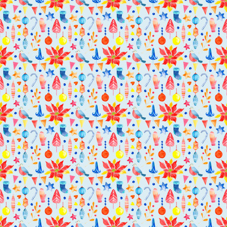 Seamless raster watercolor pattern of Christmas and New Year symbols. Elements and items of the holiday on the blue background.の写真素材