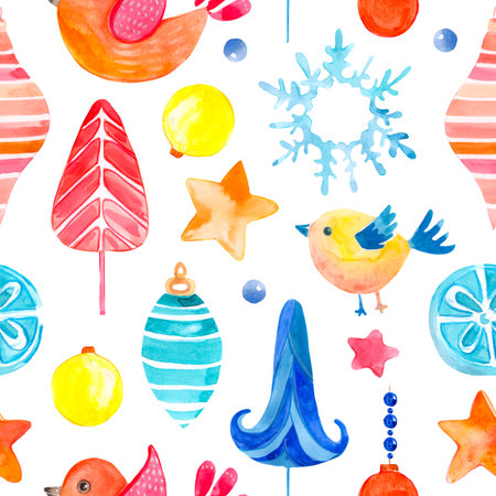 Seamless raster watercolor pattern of Christmas and New Year symbols. Elements and items of the...