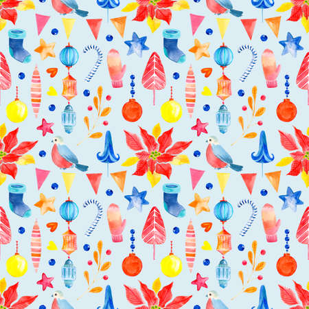 Seamless raster watercolor pattern of Christmas and New Year symbols. Elements and items of the holiday on the blue background.の写真素材