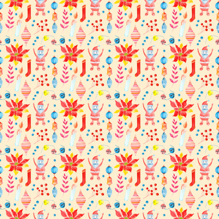 Seamless raster watercolor pattern of Christmas and New Year symbols. Elements and items of the...