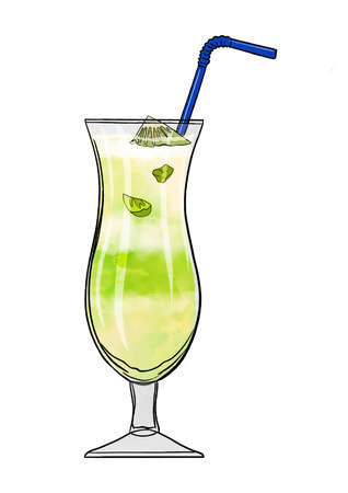 Digital illustration of alcoholic or non-alcoholic cocktail of different shapes and colors on white isolated background. High quality illustrationの写真素材