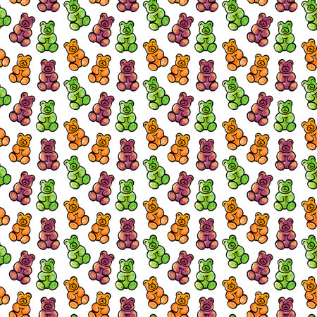 Digital illustration of a seamless pattern of sweet jelly candies in the form of colorful teddy bears on a white background. High quality illustrationの写真素材
