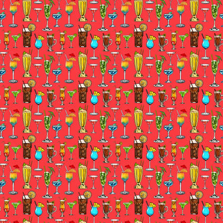 Watercolor digital illustration seamless pattern of cocktails of different shapes and colors on background. High quality illustrationの写真素材