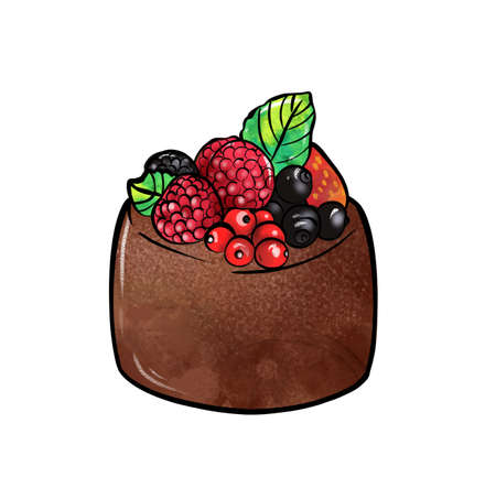 Illustration of a colored drawing of round cake completely covered with brown chocolate and decorated with strawberries, raspberries, blueberries, currants on a white isolated background. High quality illustrationの写真素材