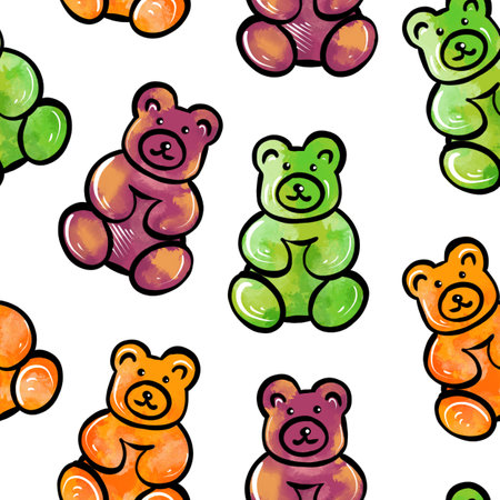 Digital illustration of a seamless pattern of sweet jelly candies in the form of colorful teddy bears on a white background. High quality illustrationの写真素材