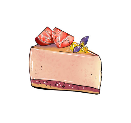 llustration of a colored drawing of sweets: a piece of cake mousse with layer of pink, top layer...