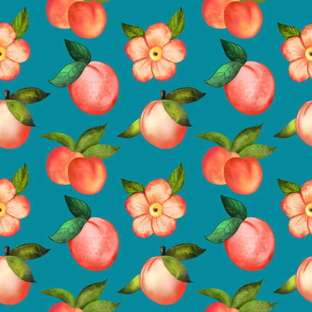 Illustration digital watercolor seamless pattern of peach and flowersの写真素材