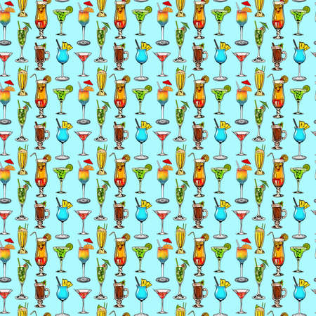 Watercolor digital illustration seamless pattern of cocktails of different shapesの写真素材